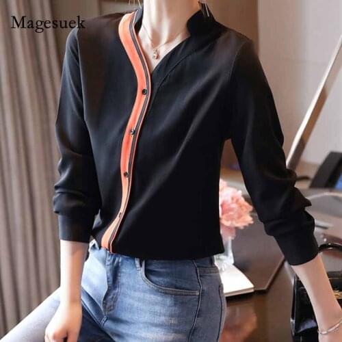 2020 autumn fashion New Women Lapel Contrasting Color V-neck Chiffon blouse long sleeve Cardigan spliced Bottoming Shirt 10889
