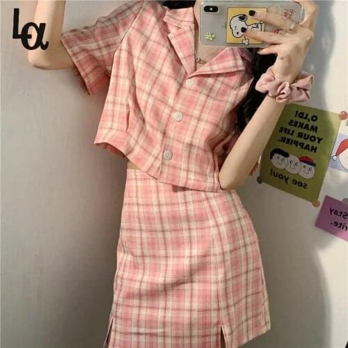 Luck A 2021 Summer Elegant Blouse+shirts 2pc Set Turn Down Collar Single Breasted Tops A-line Skirts Female Pink Plaid Suit