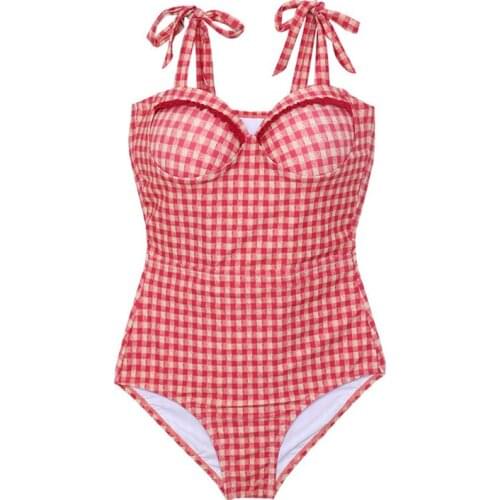 VSUE Women Swimwear Swimsuit One Piece Suits Sash Lace Up Ruffle Red Plaid Summer Sexy Sweet Beach Y0004