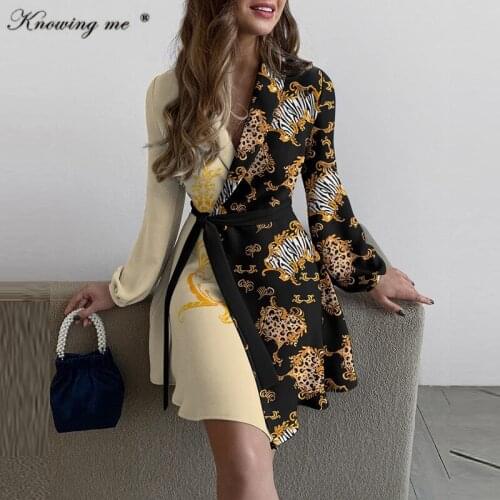 Office Lady Colorblock Tied Detail Dress Women Autumn Lace Up Floral Print party Dress Elegant Lantern Long sleeve mini Dress