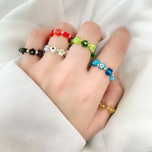AOMU Korea Vintage Colorful Acrylic Small Flower Rings Handmade Splicing Elastic Translucent Round Beaded Finger Ring for Women