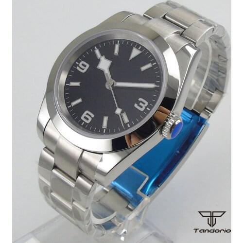 36mm tandorio MIYOTA 8215 Movement Mens Watch Black Dial Sapphire glass Date Steel Bracelet
