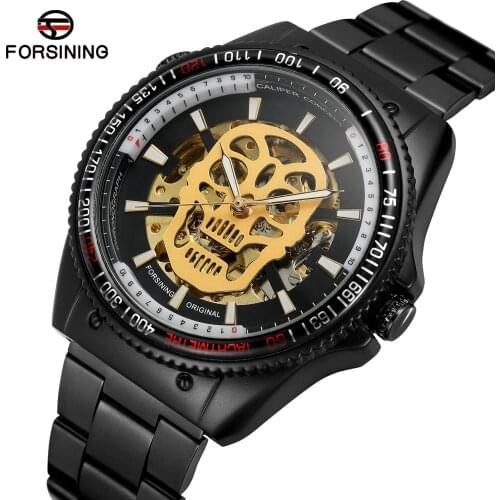 Forsining Top Brand Men Automatic Sport Watch 3d Skull Transparent Golden Stainless Steel Luminous Design Luxury Skeleton Clocks