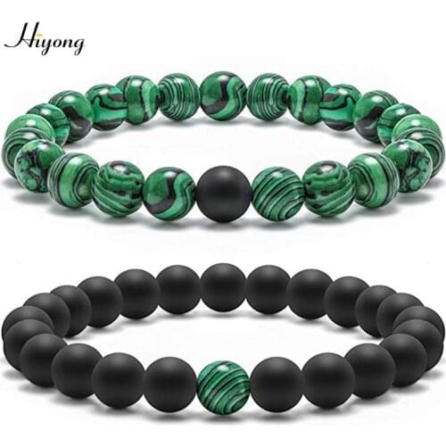 HIYONG Natural Stone Beads Bracelets Couple Classic 8mm Black Matte Green Malachite Bracelet Women Men Strand Charm Bracelet
