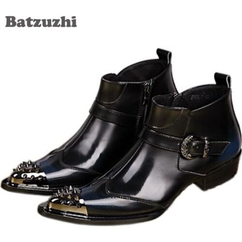 Batzuzhi Western Style Mens Leather Boots Rivets Pointed Toe Men Ankle Boots Bule Black Designer' Wedding/Party/Runway Boots