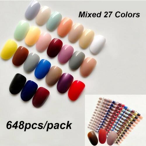648pcs/pack Mixed Candy 27 Colors Full Short Round Nail Tips Soft Oval Head Fake Nails Acrylic False Nail Art Salon Tips