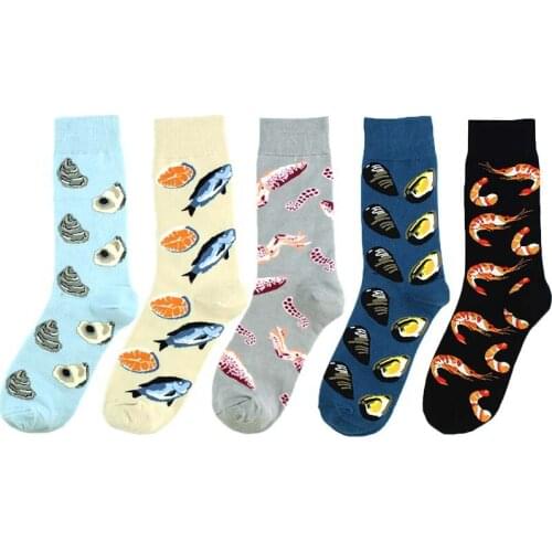 5 Pairs/Mens Funny Socks Seafood Shrimp Fish Squid Scallop Creative Pattern Anime Socks With Print Long Man Cotton High Socks