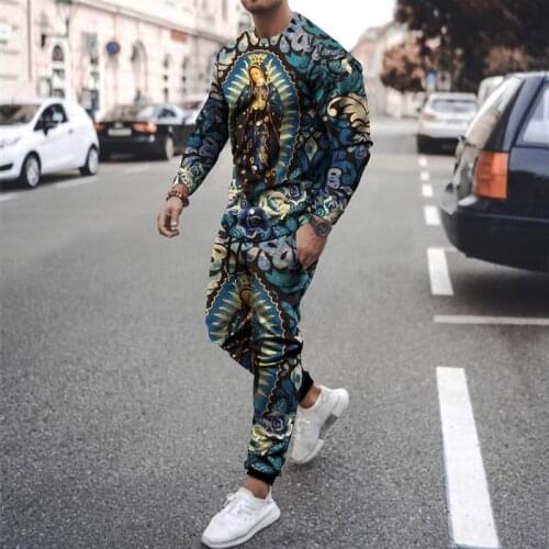 Spring and Autumn New Printed Mens Fashion 3D Oil Painting Character Splicing Casual Sportswear Mens Suit