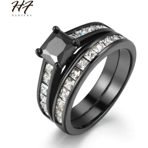 New Luxury Black Rings 2 pieces Ring Sets Princess Cut Cubic Zirconia Ring Fashion Jewelry for Women HotSale R609