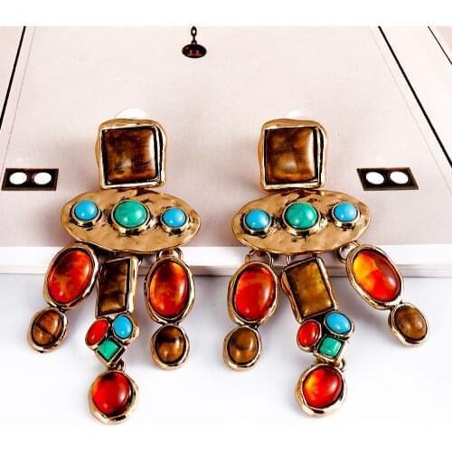 New Vintage Metal Long Dangle Drop Earrings Crystal Statement Colorful Stone Turquoise Earring For Women Jewelry Accessories