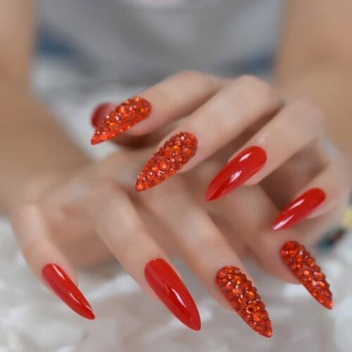Luxury 3D Sexy Red Rhinestones Extra Long Sharp Stiletto False Nails Tips Pointed Stilettos Press On Fingers Nails Full Cover