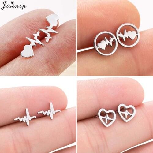 Jisensp Unique ECG Stud Earrings Stainless Steel Heartbeat Earrings Fashion Jewelry for Women Nurse Doctor Party Gift bijoux