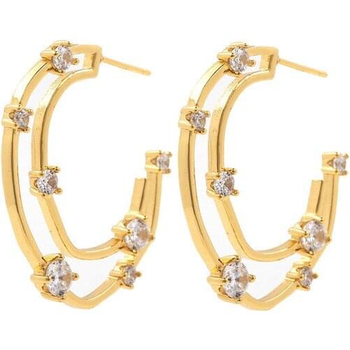 Micropavé CZ Earrings,Golden Moon Stud Earrings,Fashionable Womens Fine Line Jewelry 34.5mm