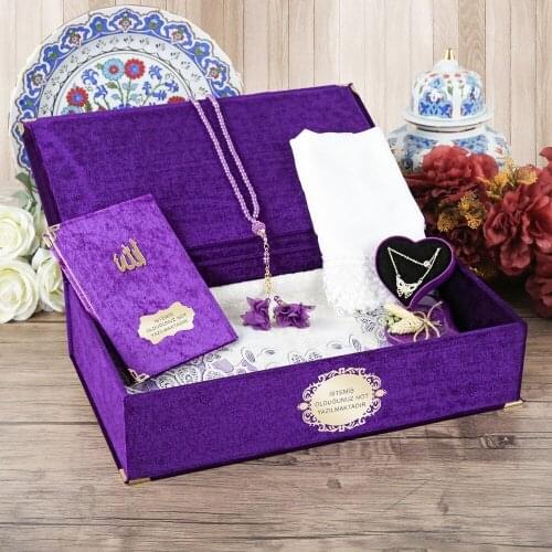 Mothers Special Velvet Box Purple, Prayer Rug, Velvet Yasin Necklace, Shawl, Rosary Gift Set FREE SHİPPİNG