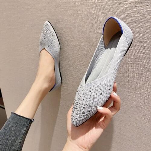 Spring/Autumn Womens Flat Shoes 2021 New Rhinestone Bling Woven Shoes Pointed Toe Womens Flat Knit Shoes Shallow Shoes