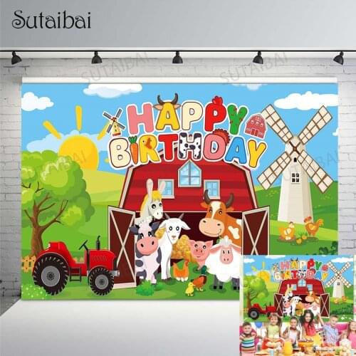 Farm Animal Barn Tractor Happy Birthday Party Decorations Backdrop Child Birthday Party Baby Shower Photography Background Vinyl
