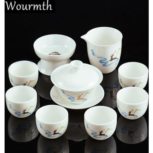 Wourmth 10Pcs High-quality White Porcelain Kungfu Tea Set CreativeOffice Teaware Set Bone china Teacup Gaiwan Strainer Fair Cup