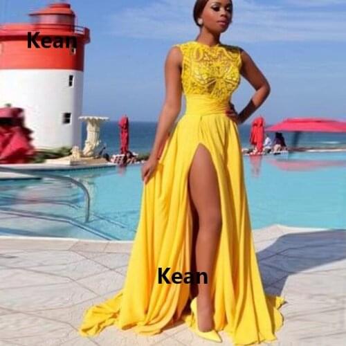 Yellow Slit Evening Dress A-Line Tank Applique Illusion Simple vestido Islamic Dubai Kaftan Saudi Arabic Evening Gown Prom Dress