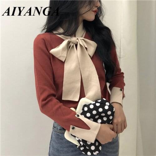 2019 Spring Sweaters Women Bow Tie Lace Up Female Knitted Pullover Korean Short Fashion Pullovers Womens Sweater Office Lady