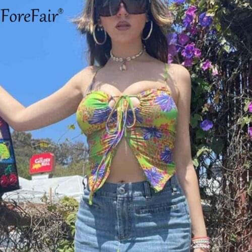 Forefair Floral Print Summer Crop Top Bandage Backless Hollow Out Green Sleeveless Halter Neck Vintage Women Sexy Tank Y2k Tops