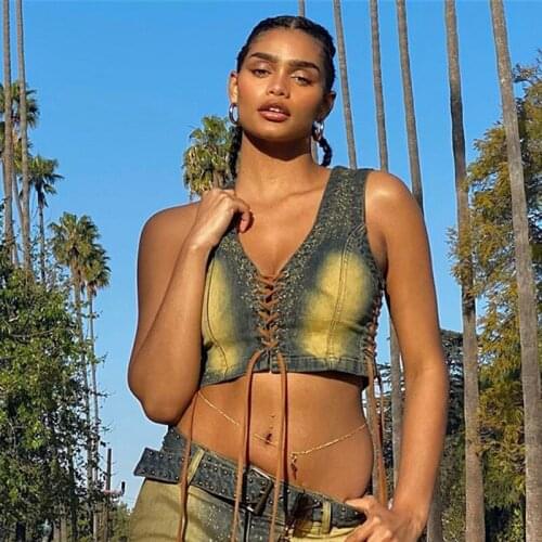 Sexy Sleeveless Crop Tops Women Bandage V Neck Denim Vest Hollow Out Cropped Jean Tank Top Mujer 2021 Summer Grunge Outfits
