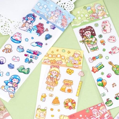 2 Sheets in Pack Waterproof Lovely Sunny Girls and Rabbit Decorative Stickers Pencil Box Daily Households Decoration