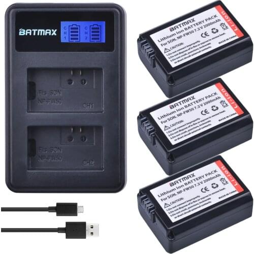 3Pcs 2000mAh NP-FW50 NP FW50 NPFW50 Battery Akku + LCD Dual Charger for Sony Alpha a6500 a6300 a7 7R a7R a7R II a7II NEX-3 NEX-5