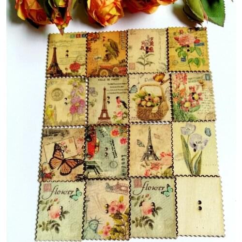 80PCS 30*38MM Random mixed Vintage Style TowerHouse Stamp Wood Buttons 2 Holes Stamp Shape Pattern