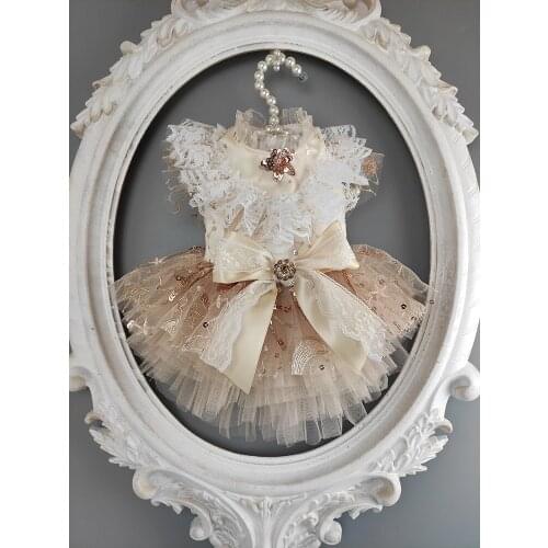 Free Shipping Handmade Dog Clothes Luxury Dog Dress Classic Champagne Gold Lace Sequin Skirt Tulle Pets Evening Party Tutu Cats