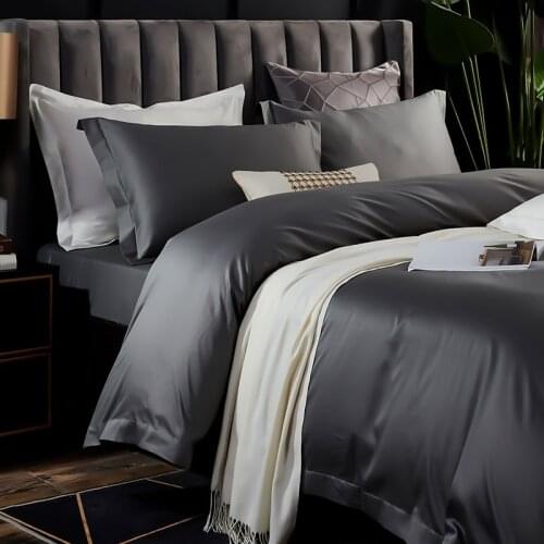 Egyptian Cotton Gray Reversible Solid Color Double Queen King Bedding Set Simple Quilt Cover Zipper Extra Soft Silky Bed Sheet