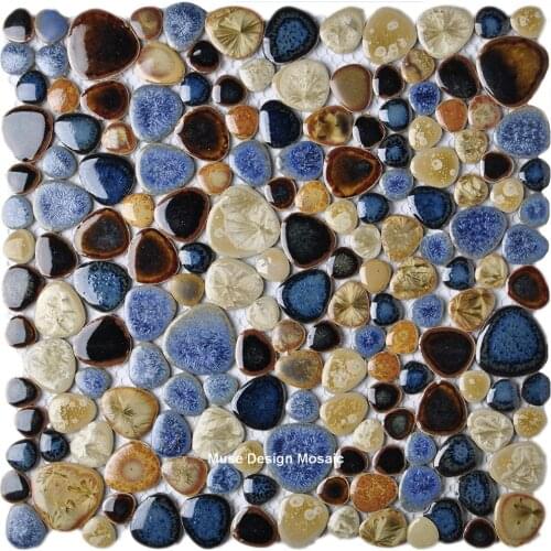 Express Free shipping, Blue Beige Brown Glazed Pebble Mosaic Tile, Bathroom Pool Wall tile Floor Tile,DIY Mosaic