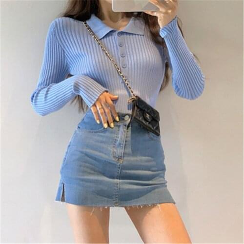 2021 Korean Turn Down neck Knitted Top in spring and autumn solid color slim short bottomed shirt with long sleeves cardigan