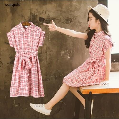 Summer Kids Dresses for Girls Plaid Dress Children Cotton Short Sleeve Outwear Clothes Baby Girl Princess Dress 4-13T