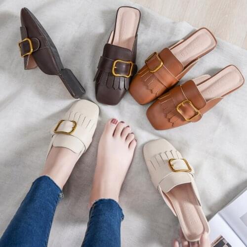 Tassel metal square buckle slippers women outdoor breathable leather mules woman autumn low heel slides woman mules shoes