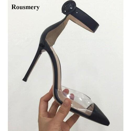 New Fashion Women Pointed Toe Transparent Ankle Strap Pumps Sexy Patchwork Color Buckle Design High Heel Formal Dress Shoes