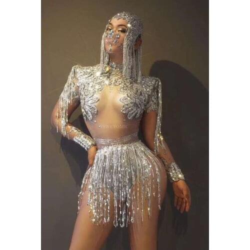 New Style Flashing Silver Sequin Fringe Rhinestone Spandex Bodysuit Women Dancer Show Wear High-neck Outfit Prom Birthday Wear