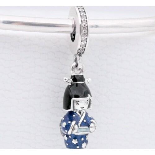 Original Blue Enamel Japanese Doll In Blue Kimono Pendant Beads Fit 925 Sterling Silver Bead Charm Bracelet Diy Jewelry