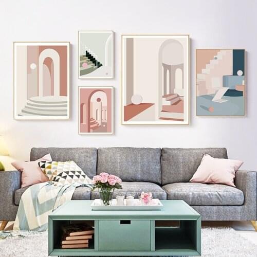 Postmodern Mural Literature and Decoration Canvas Painting Pink Geometry Building Wall Pictures Room Still Life Ladder Posters
