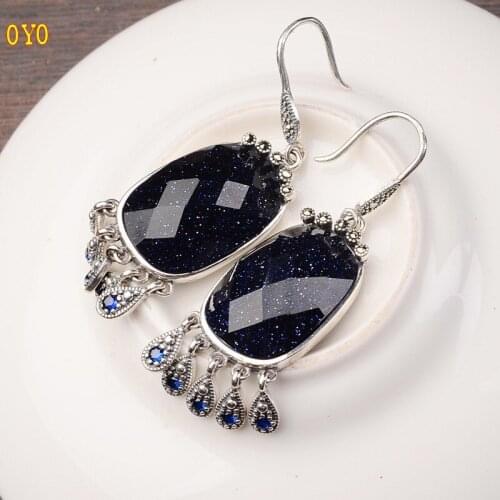 S925 sterling silver earrings female red corundum green agate blue sandstone long tassel free shipping