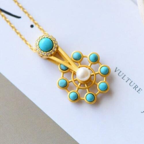 SNew Silver Natural Turquoise Gold Pendant Necklace Creative High Quality Rotating Smart Craft Charm Ladies Brand Jewelry