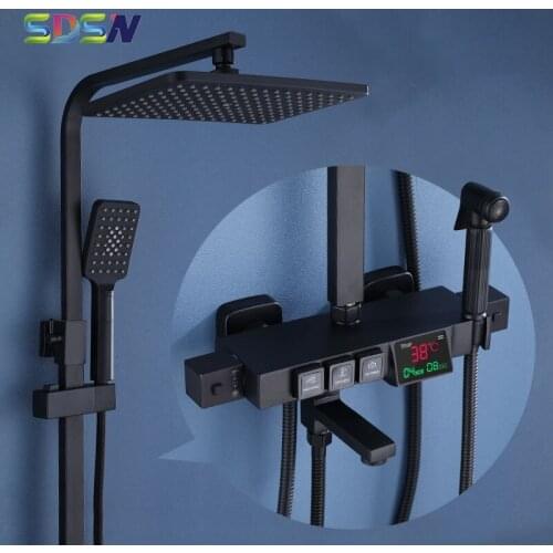 Thermostatic Shower Set Black Bronze Digital Bathroom Shower System 10 Inch Rainfall Shower Head Black Digital Bath Shower Set