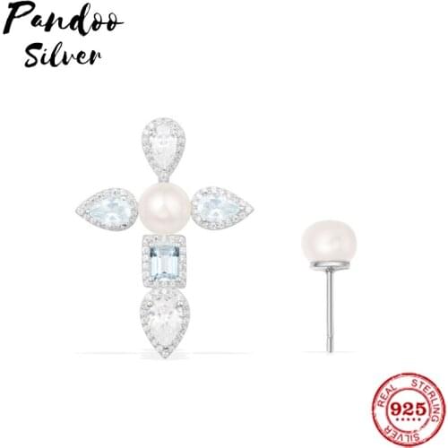 Fashion Charm Sterling Silver Copy 1:1 Copy,Asymmetrical Sterling Silver Blue Cross Earrings Women 2021 Luxury Jewelry Gift