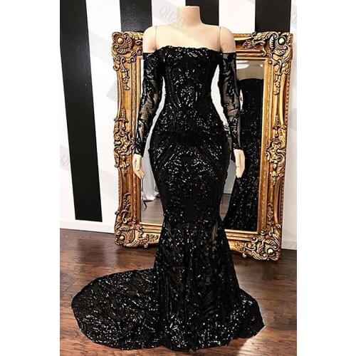 224 Black Off-The-Shoulder Long Sleeves Mermaid/Trumpet Sequins Women Evening Dresses/Brithday/Engagement Gowns Free Shipping