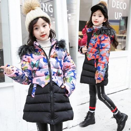 Winter Coats middle long cotton Kids Jacket Girls patchwork Cotton-padded Clothes Childrens Hooded Velour Clothes