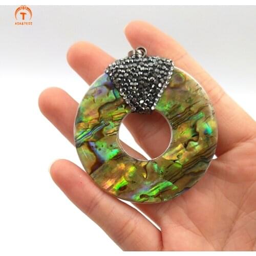 3Pcs Natural Abalone Shell Pendant Green Round Shell Pave Rhinestone For Necklace Jewelry Pendants For Women Necklace Finding