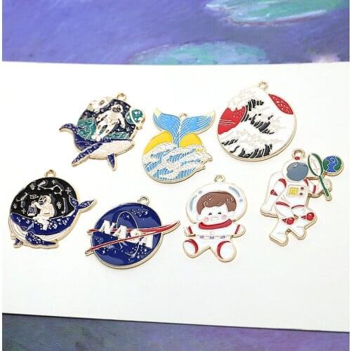 6pcs fashion Cartoon alloy Earrings for Women cute version of astronaut fish tail round pendant diy jewelry key chain pendant