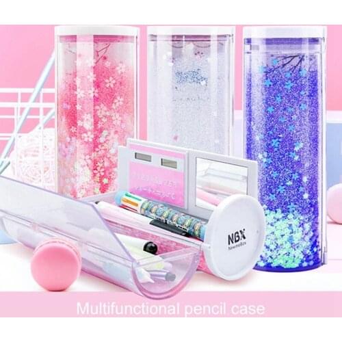 6pcs Quicksand Sequin Creative Multifunction Cylindrical Pencil Box Case School Stationery Pen Holder Pink Blue Calculator
