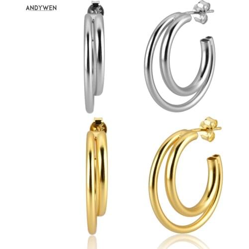 ANDYWEN 925 Sterling Silver Gold Big Double Circle Hoops Earring Large Hollow Cross Pendiente Luxury Women Ohrringe Jewelry