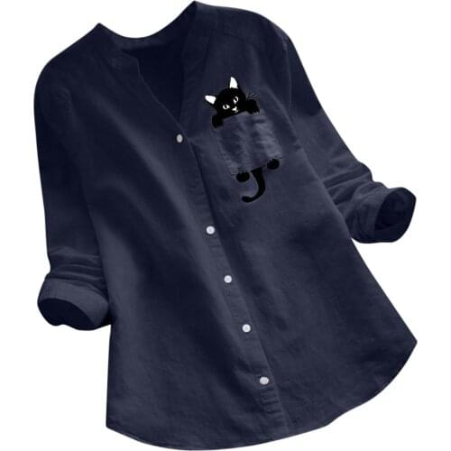 Cat Printed button Womens blouse Cotton linen Casual tunic spring Long Sleeve v-neck top Shirts for women топ с длинным рукавом