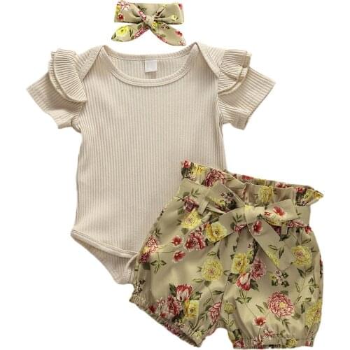 Kid Newborn Toddler Baby Girl Floral Outfit Clothes Knitted Ruffles Romper Shorts Headband Girls Clothing Set